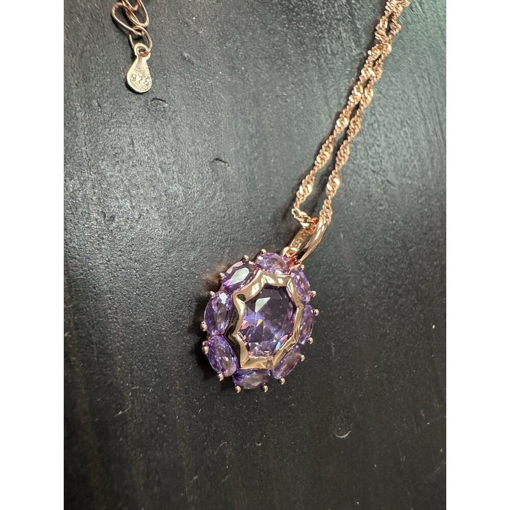 585 14K RG Stamped Cluster Amethyst Purple Pendant 19” Necklace Clasp Chain